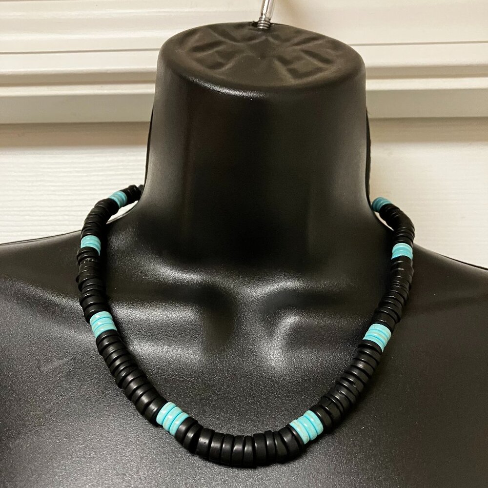 Men's Turquoise and Wood Beaded Choker Flat Beads Black and Turquoise Brand NEW